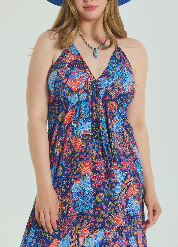 V Neck Backless Halter Neck Blue Plus Size Dress 4664
